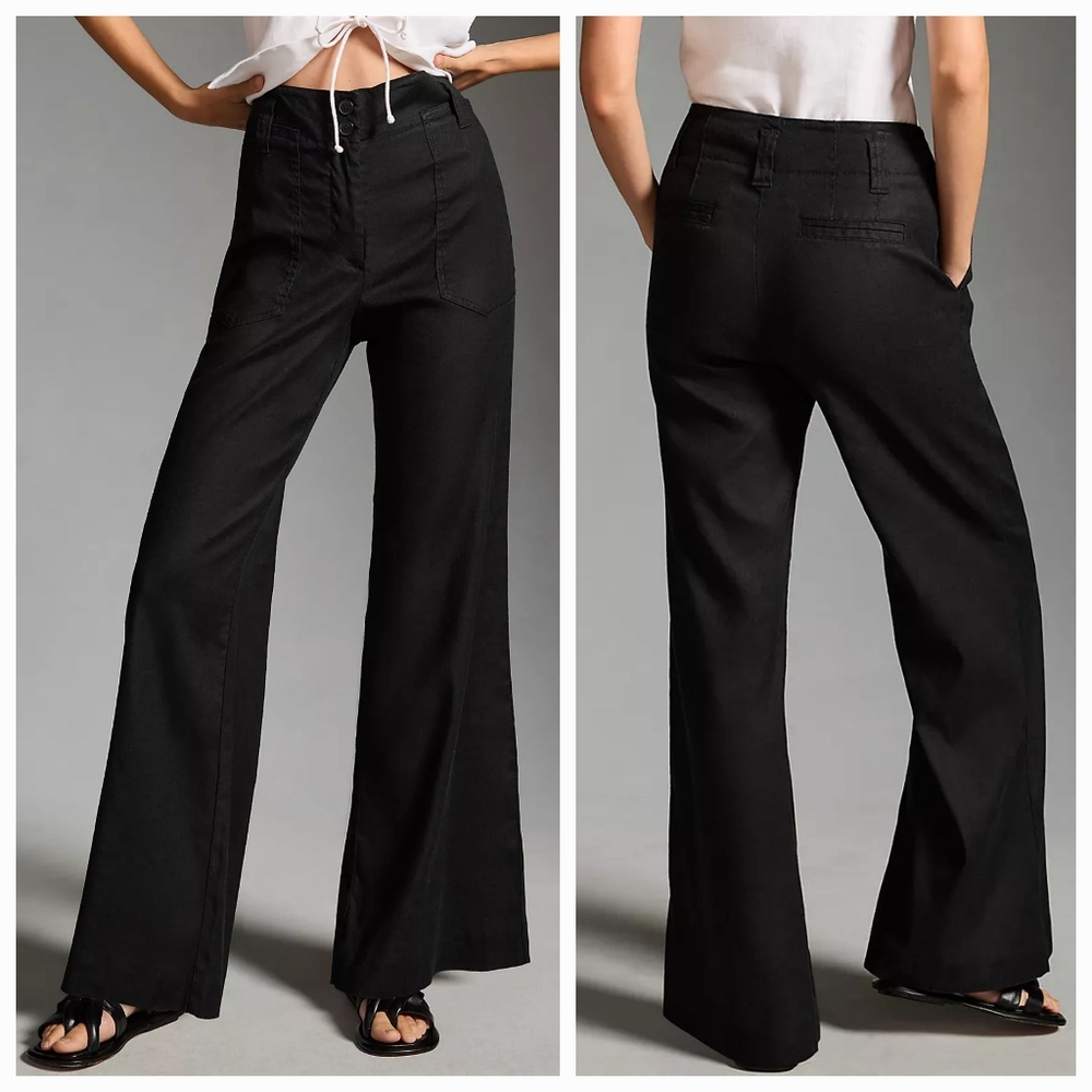 Anthropologie Maeve Naomi Black Linen High Rise Wide Leg Flare Pants size 10P